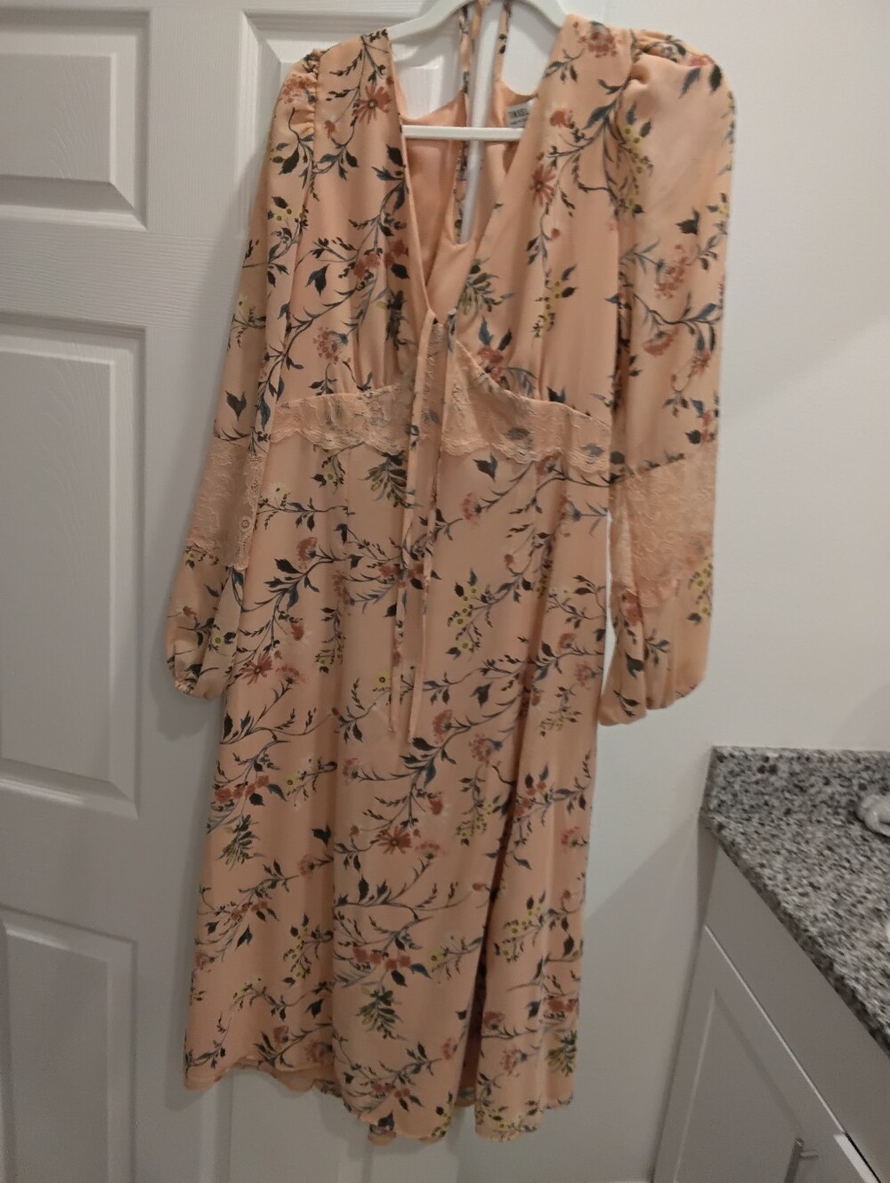 Peach Floral Tie-Front Lace-Detail Midi Dress